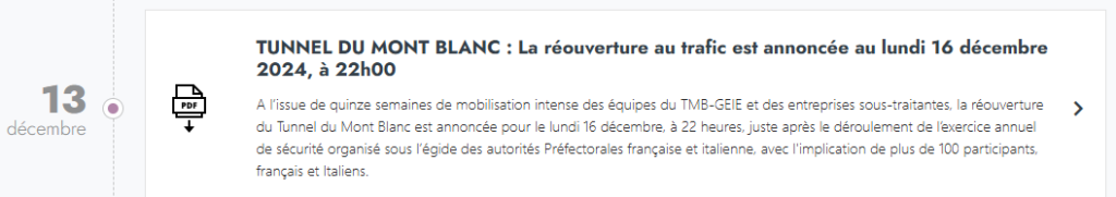 Communiqué de presse Tunnel du Mont Blanc : Travaux de rénovation de la voûte - Réouverture décembre 2024